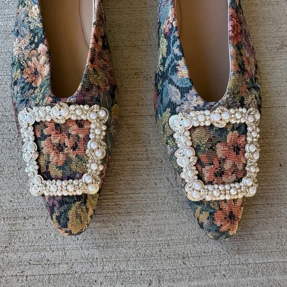 Sam Edelman Floral Tapestry Embellished Buckle Pointed Toe Ballet Flats Granny - Picture 8 of 14